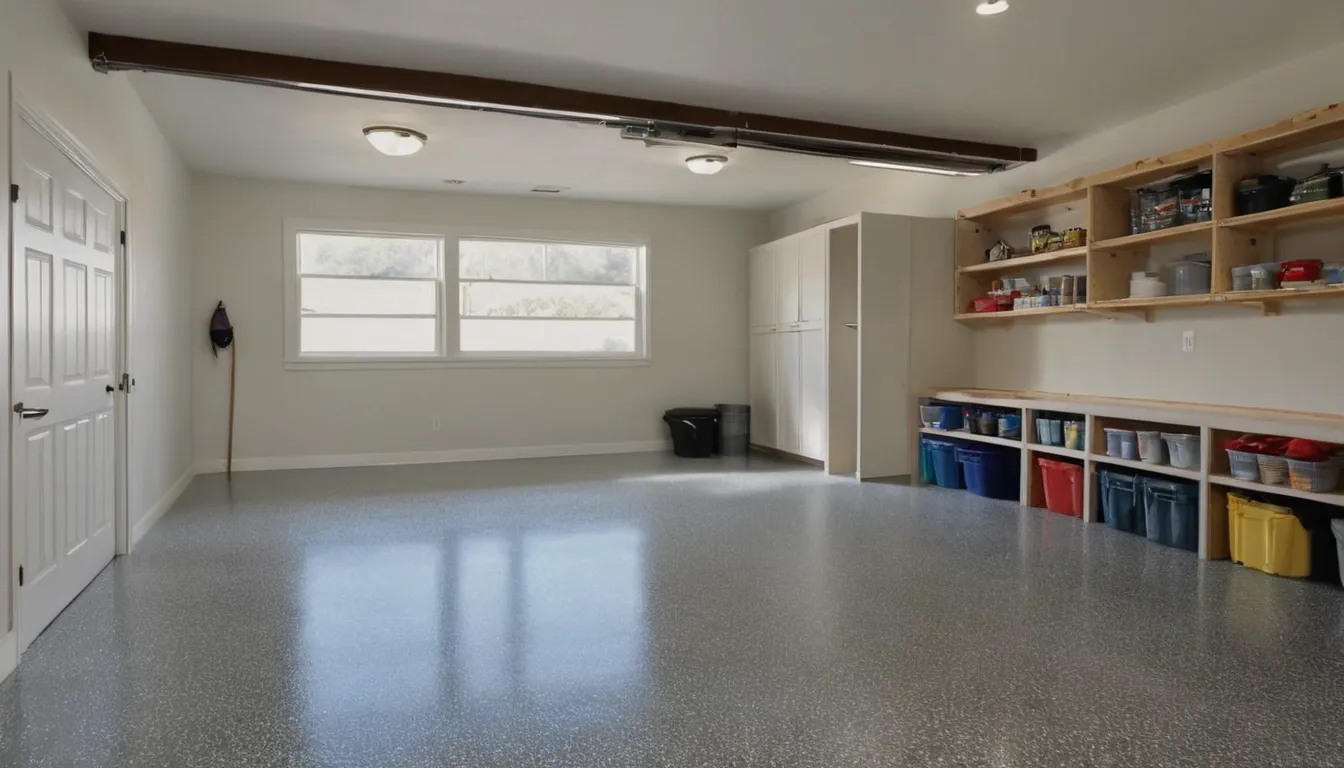 Clean epoxy garage floor with a light flake finish in a home near Naperville